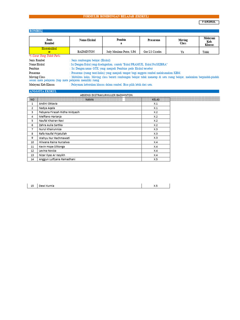 Formulir Rombongan Belajar Ekskul | PDF