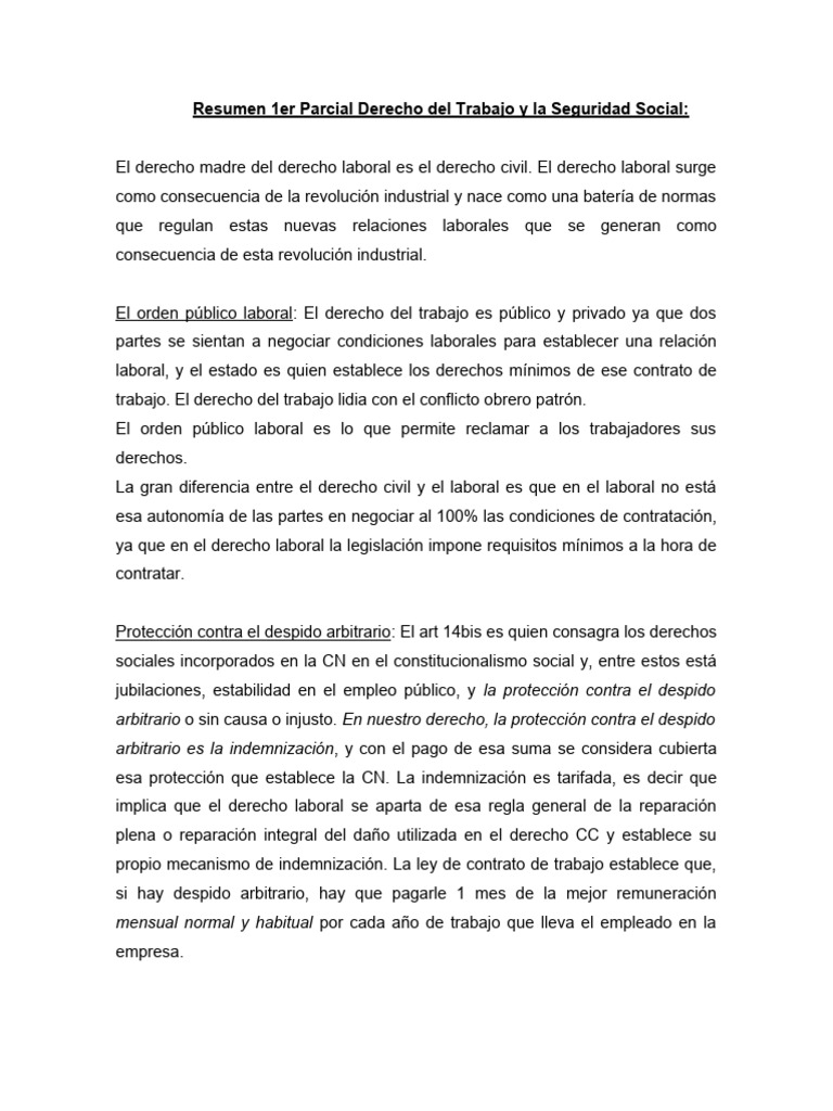 Resumen 1er Parcial Derecho Del Trabajo y La Seguridad Social | PDF ...