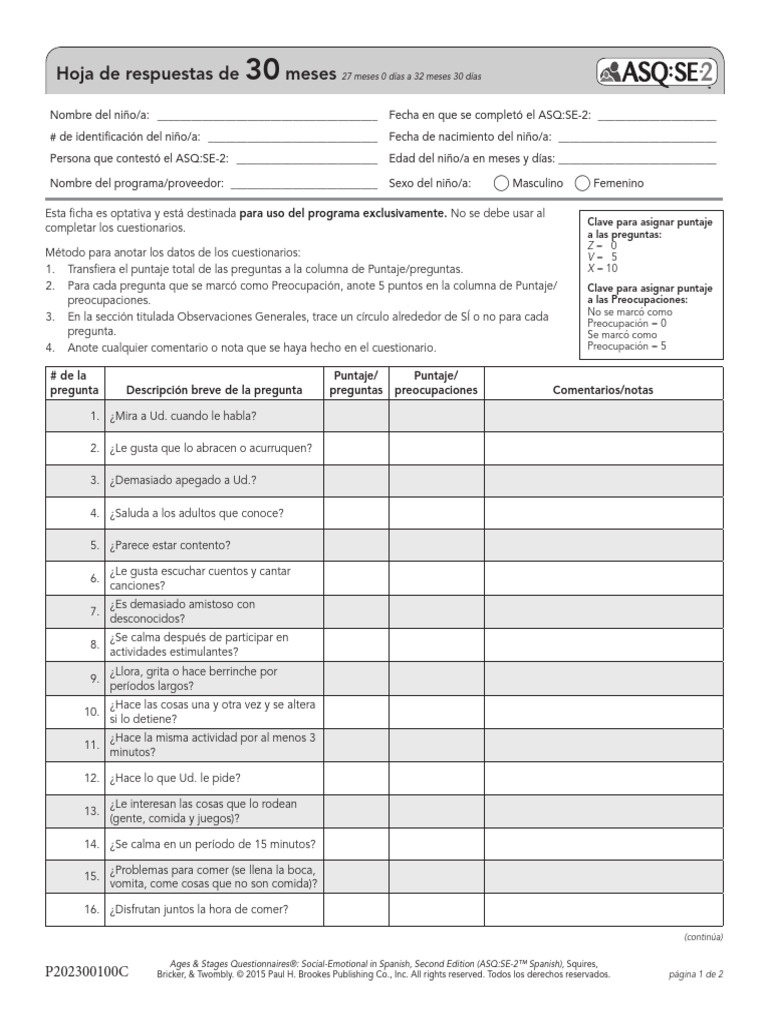 ASQ-SE2 Hojas de Respuesta 30 Meses | PDF