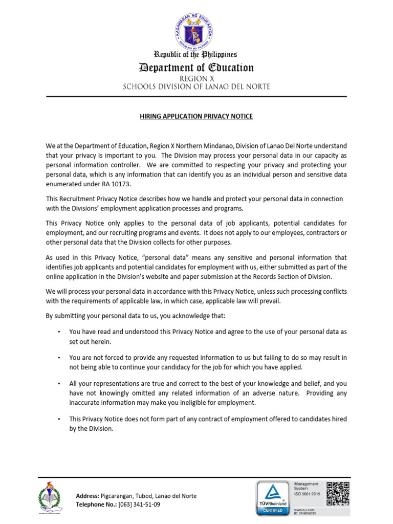 Hiring application data privacy notice pdf privacy employment
