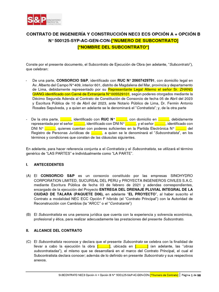 Subcontrato NEC3 Opción A y B | PDF | Derechos de autor | Reino Unido