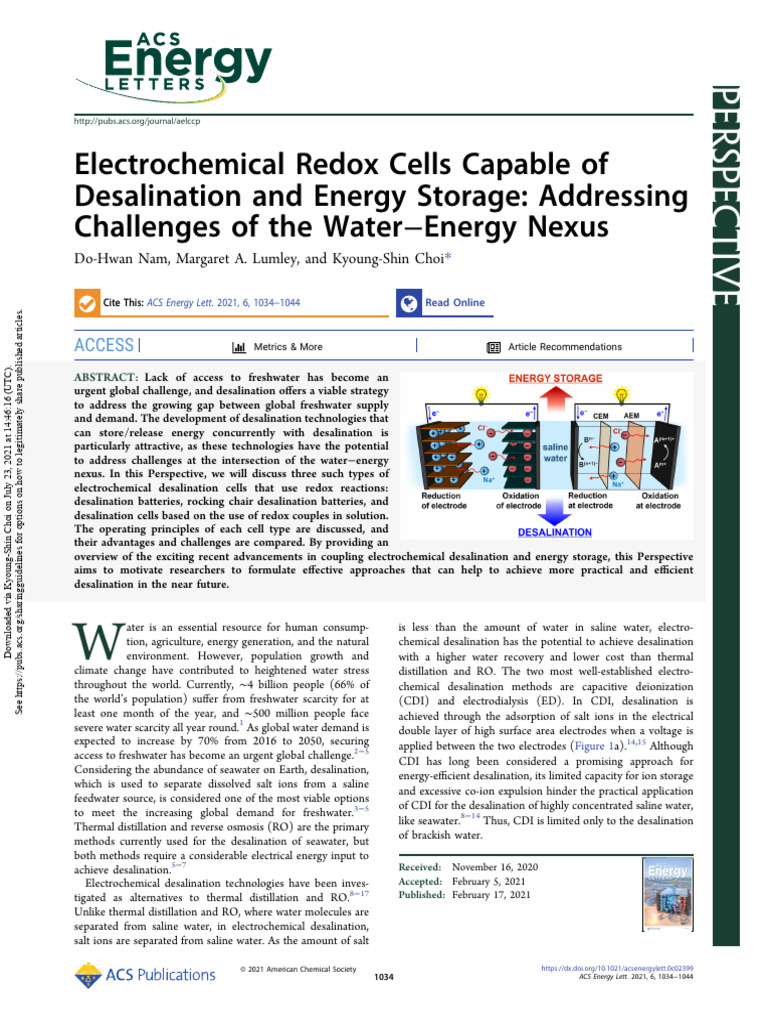 2021 - Electrochemical Redox Cells Capable of Desalination and Energy ...