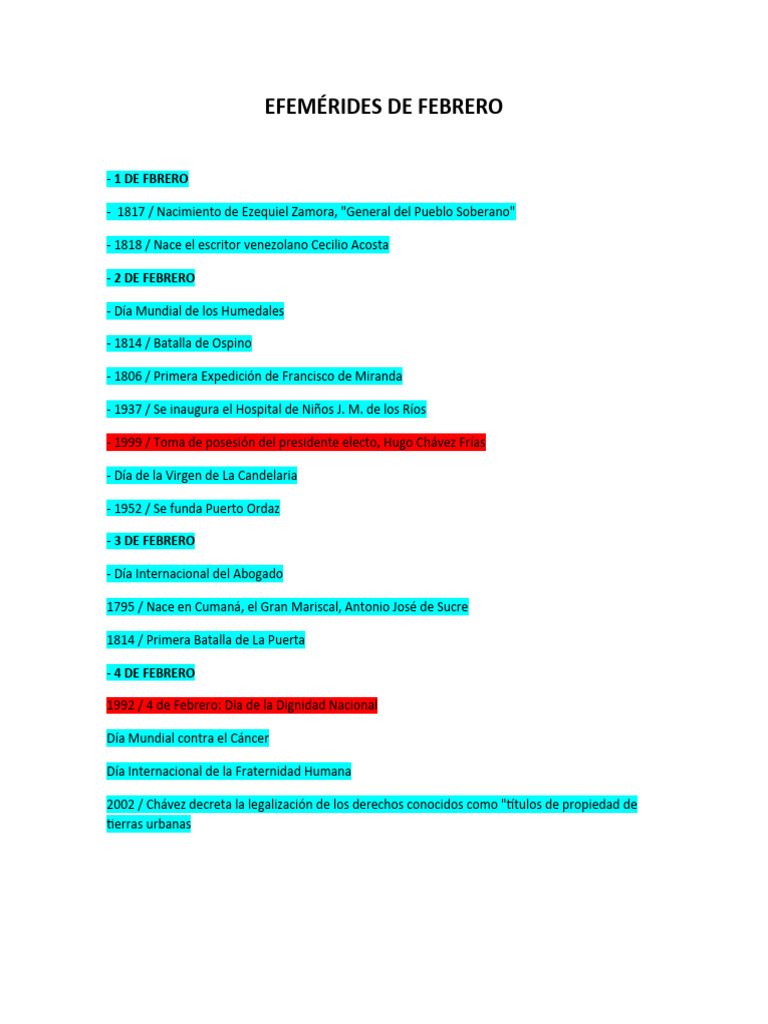 Efemérides De Febrero Actualizada Descargar Gratis Pdf Venezuela