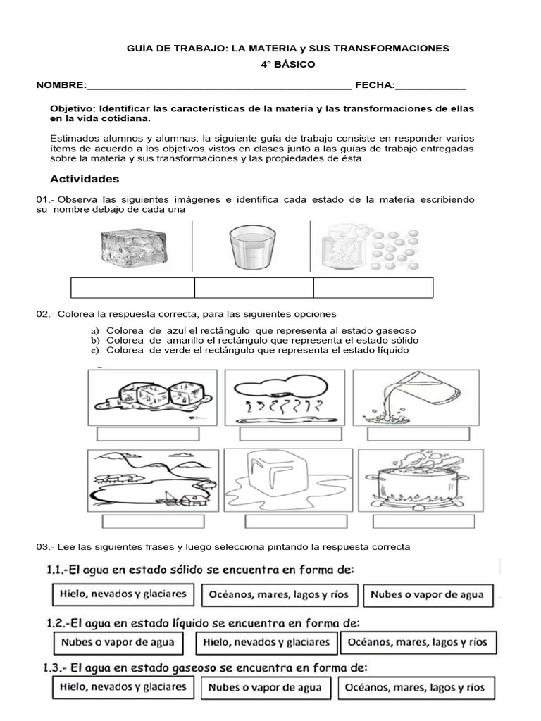 Guía de Trabajo La Materia y Sus Transformaciones 4° Año Básico | PDF ...