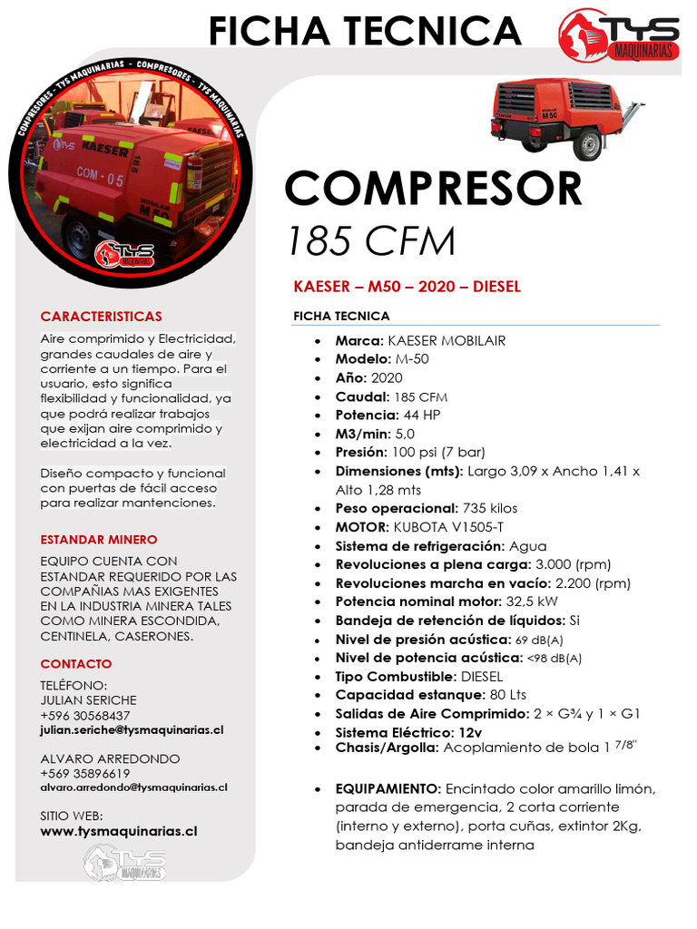 FICHA TECNICA - COMPRESOR KAESER 185 CFM M50 (3) | PDF