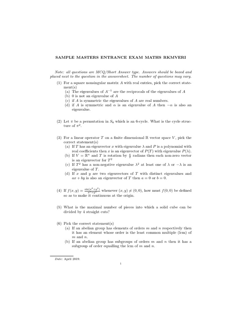 Masters Entrance Exam Math Sample Questions | PDF | Eigenvalues And ...
