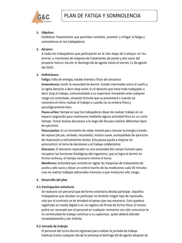 Plan de Fatiga y Somnolencia VIII Domos | PDF