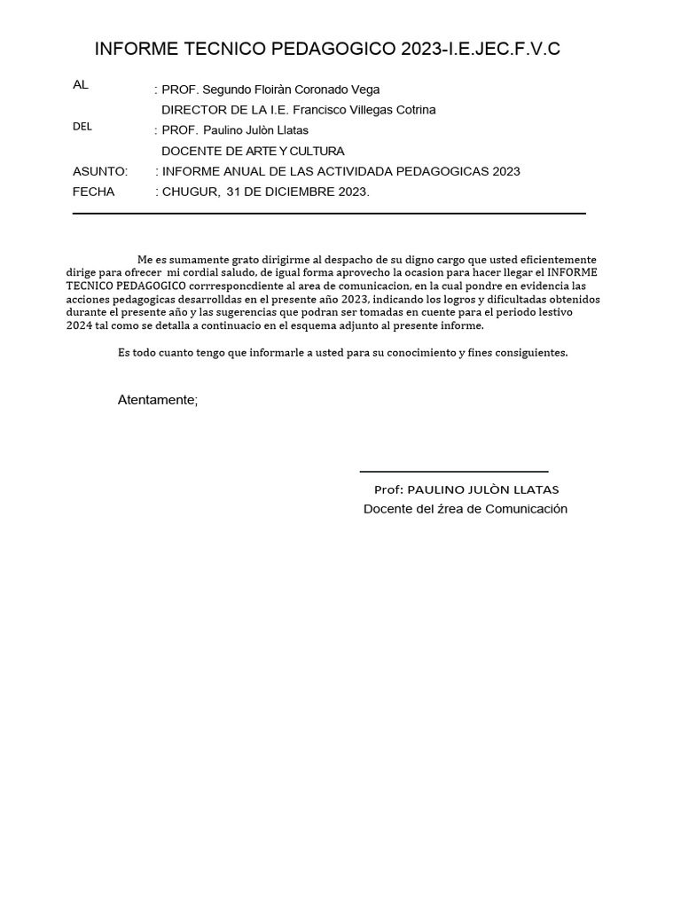 Informe Pedagógico Arte 2023 | PDF | Evaluación | Las emociones