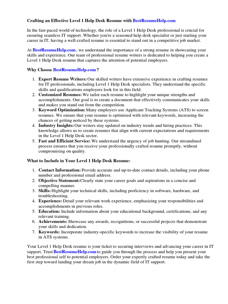 Level 1 Help Desk Resume PDF Résumé Technical Support