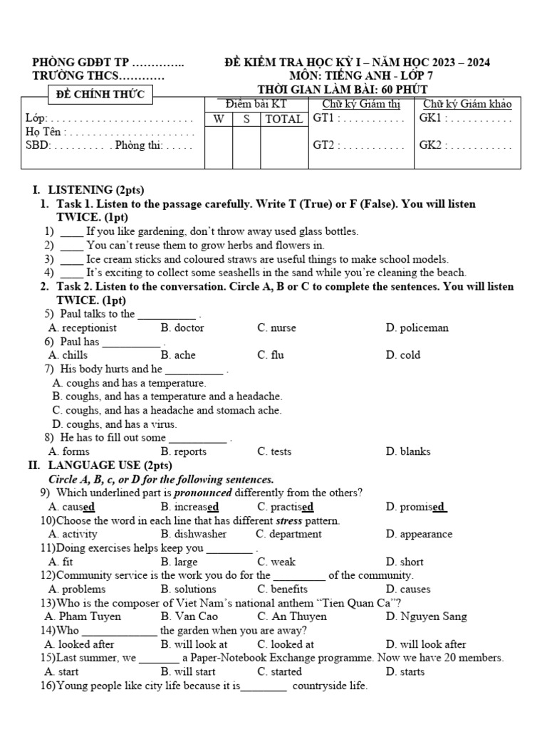 English Test for Grade 7 - Semester 1 | PDF | Vietnam