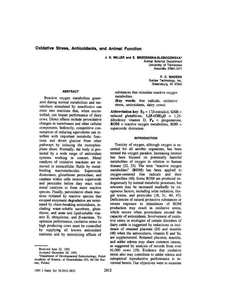 Oxidative Stress, Antioxidants, and Animal Function Miller 1993 PDF