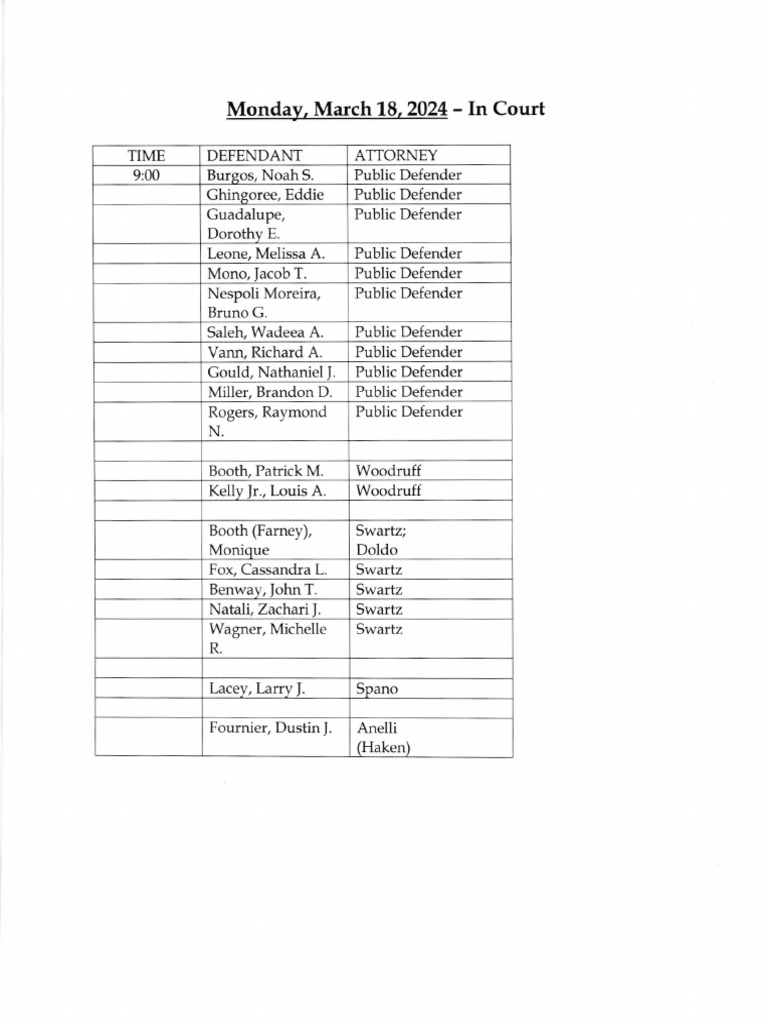 Court Schedule for March 18, 2024 PDF