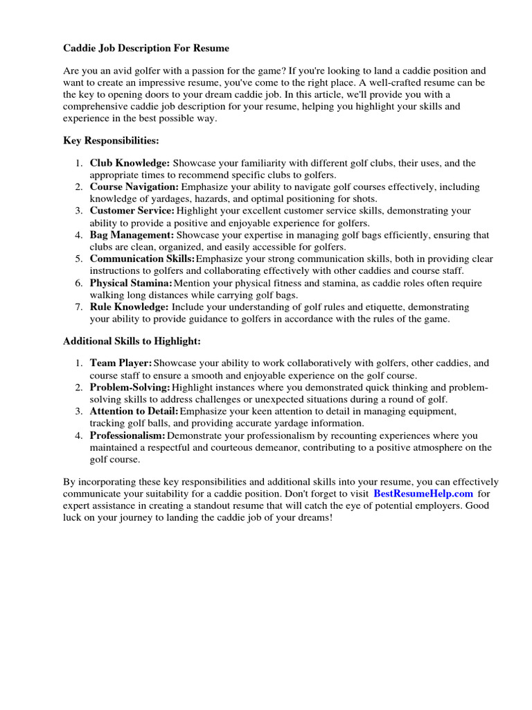Caddie Job Description For Resume PDF Résumé Communication