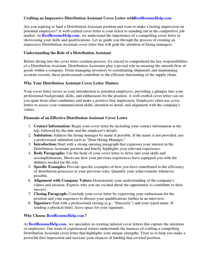 Distribution Assistant Cover Letter PDF Résumé Expert