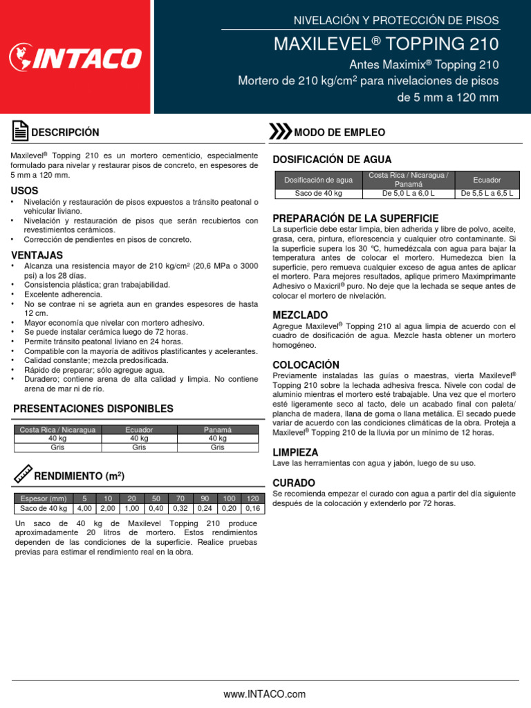 Maxilevel Topping 210: Nivelación de Pisos | PDF | Agua | Mortero ...