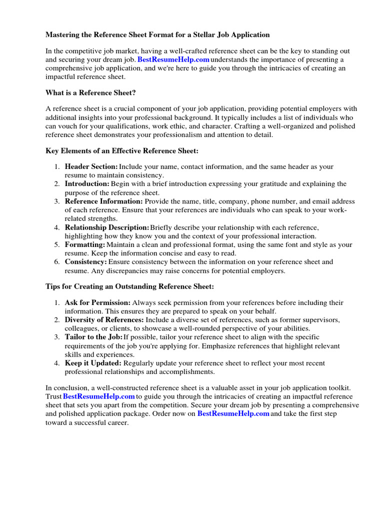 Reference Sheet Format PDF Information Employment