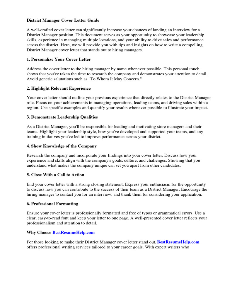 District Manager Cover Letter Tips | PDF | Sales | Leadership