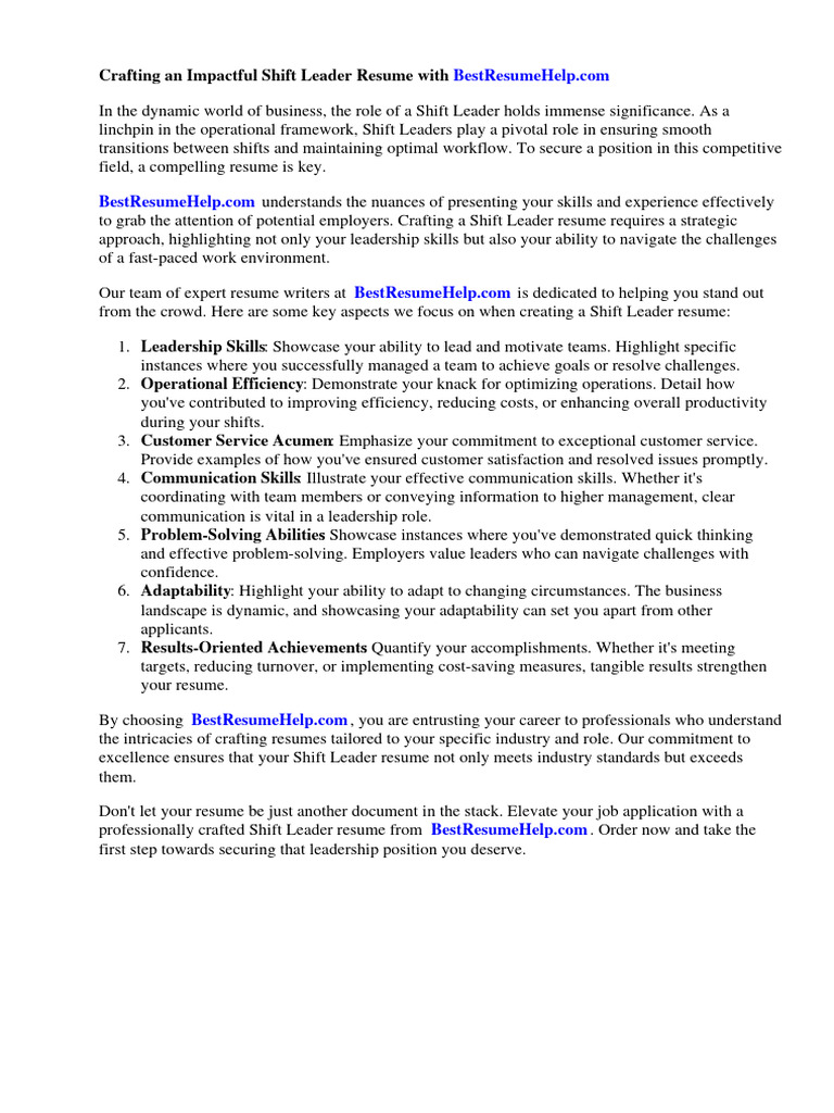Shift Leader Resume Crafting Guide | PDF | Leadership | Employment