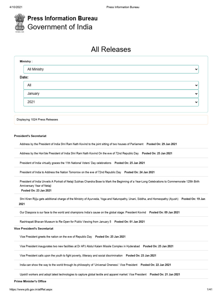Press Information Bureau January | PDF | Government Of India