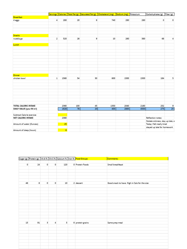 Daily Caloric Intake and Reflection | PDF | Calorie | Fat