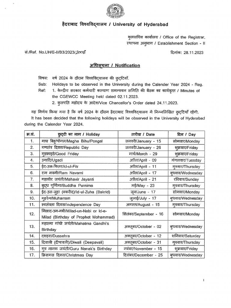 Holiday List 2024 PDF