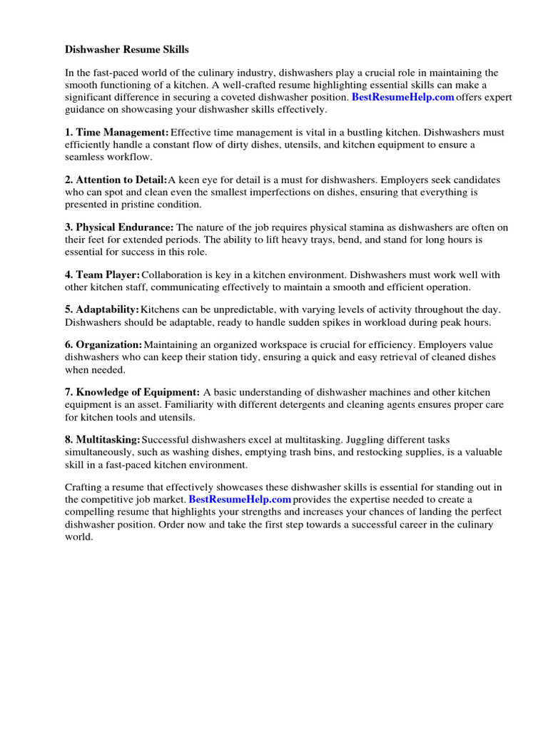 Dishwasher Resume Skills PDF - 1711757431