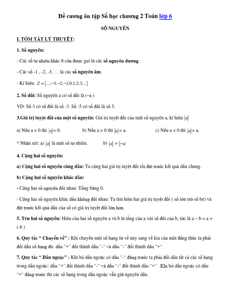 De Cuong On Tap So Hoc Chuong 2 Toan Lop 6 | PDF