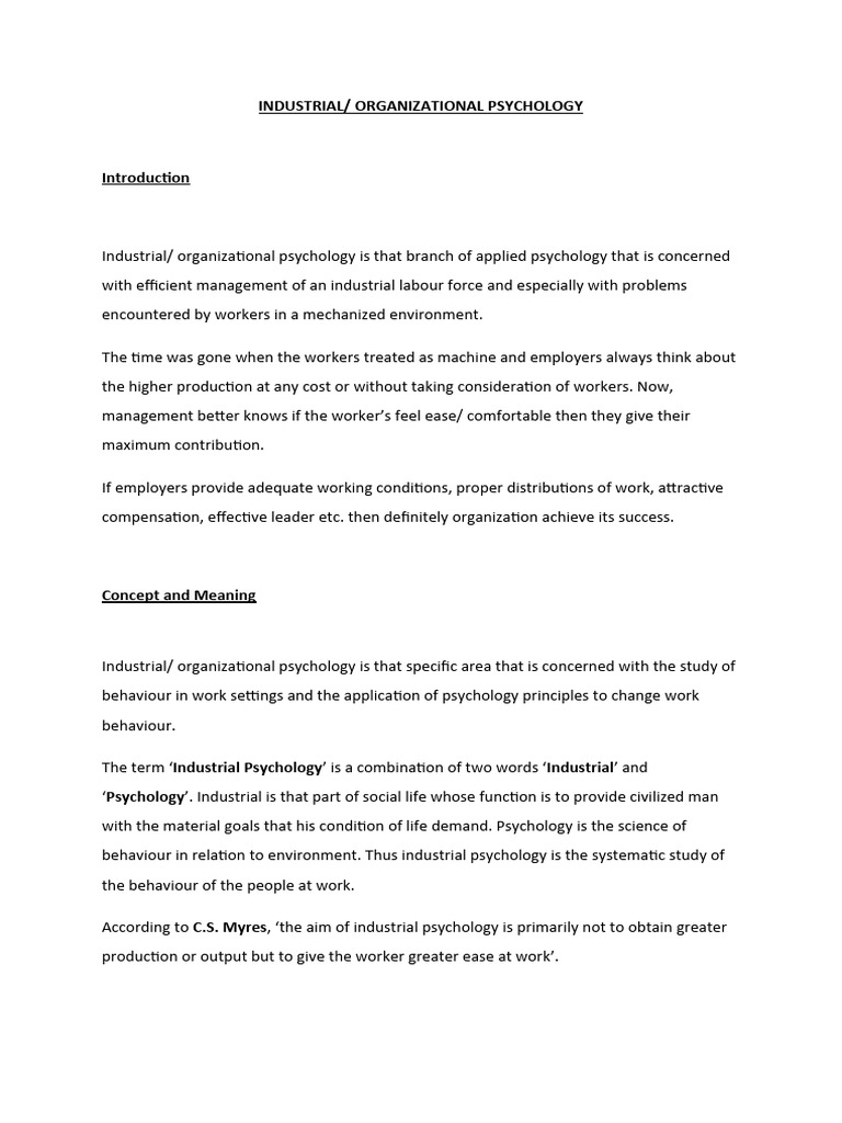 INDUSTRIAL Psychology PDF Industrial And Organizational Psychology