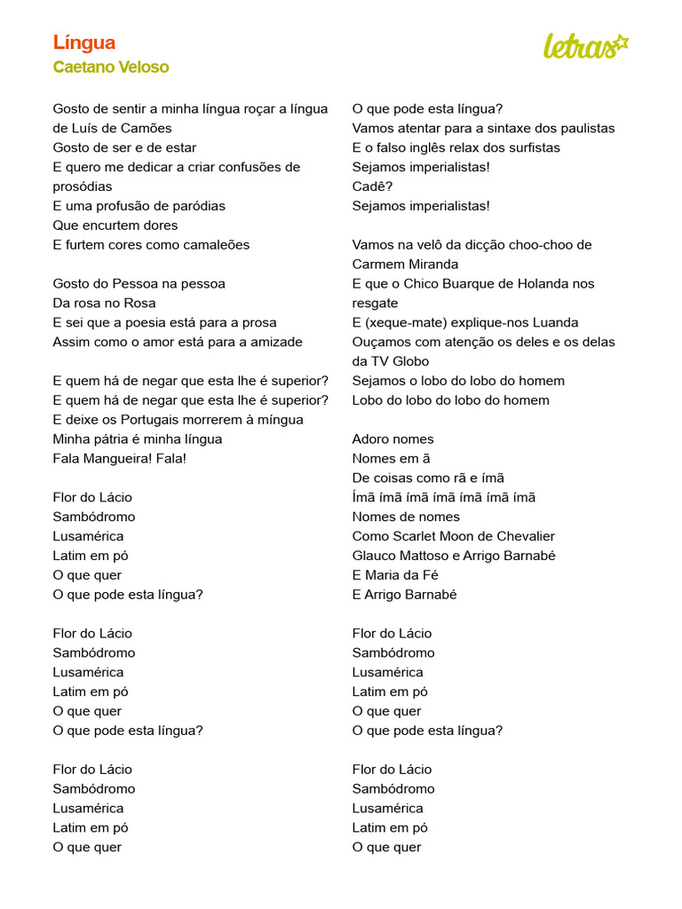 Poesia "Língua" de Caetano Veloso | PDF | Poesia