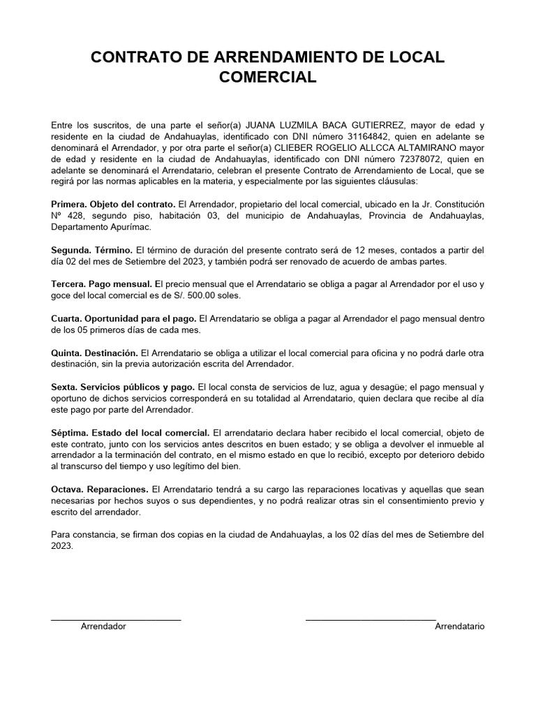 Modelo Contrato de Arrendamiento Local Comercial | PDF | Derecho ...