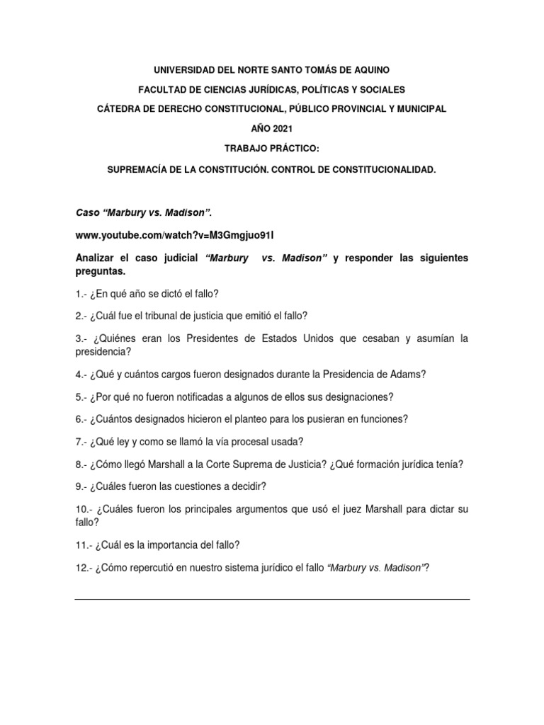 TRABAJO PRACTICO CASO MARBURY Vs MADISON | PDF | Política