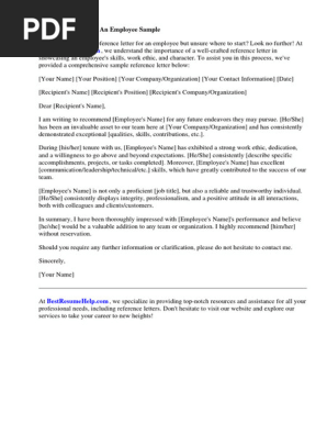 Reference Letter for an Employee Sample