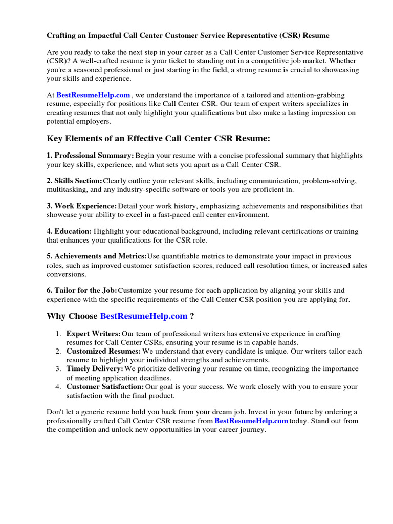Call Center CSR Resume PDF - 1720701587