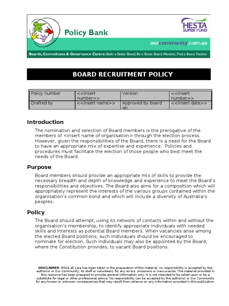 Board Member Recruitment Policy Guide | PDF | Board Of Directors ...