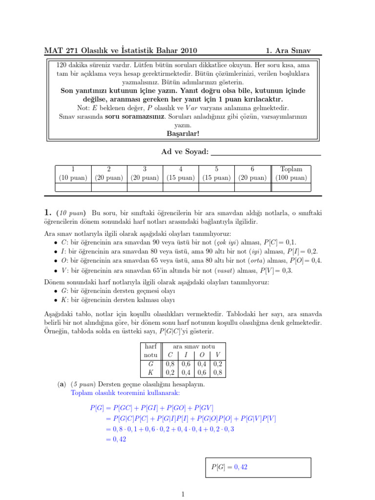 MAT271 Sinav1Cozumler | PDF