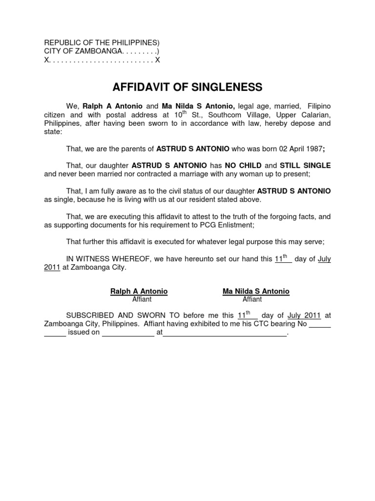 Affidavit of Bachelorhood 1  Affidavit  Philippines