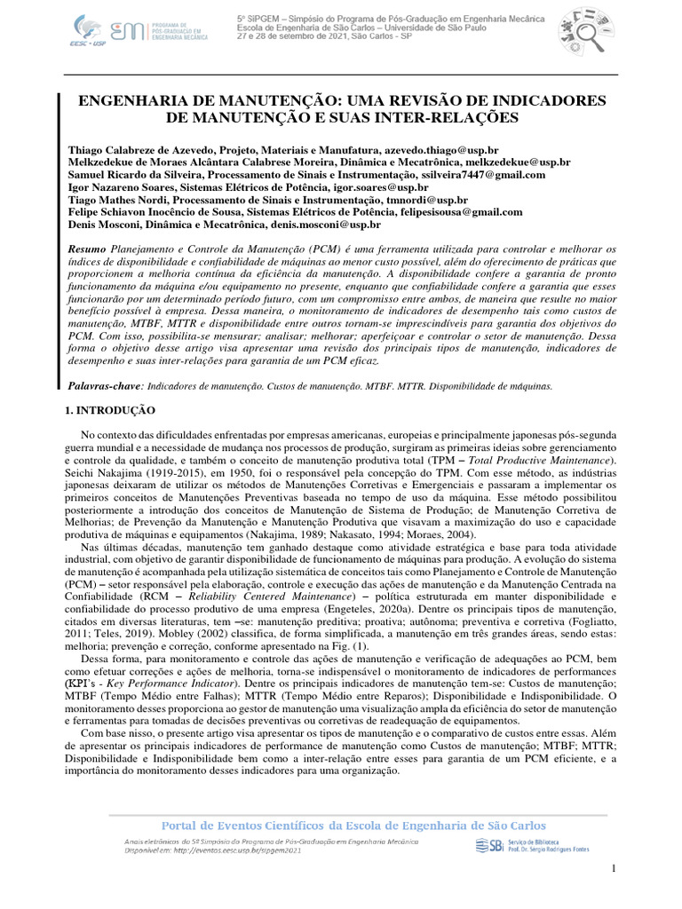 Revisao Dos Indicadores de Manutencao e Suas Inter-Relacoes | PDF ...