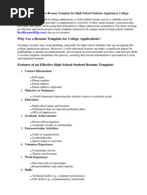 Resume Template High School Student for Applying College