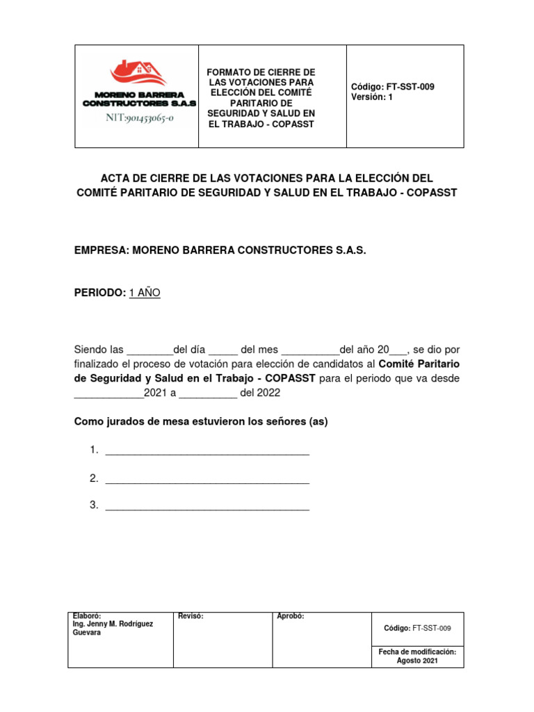 FT-SST - 009 Formato Acta Cierre Elección Del COPASST | PDF