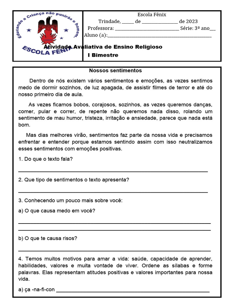 Avaliação de Ensino Religioso. 3º Ano | PDF