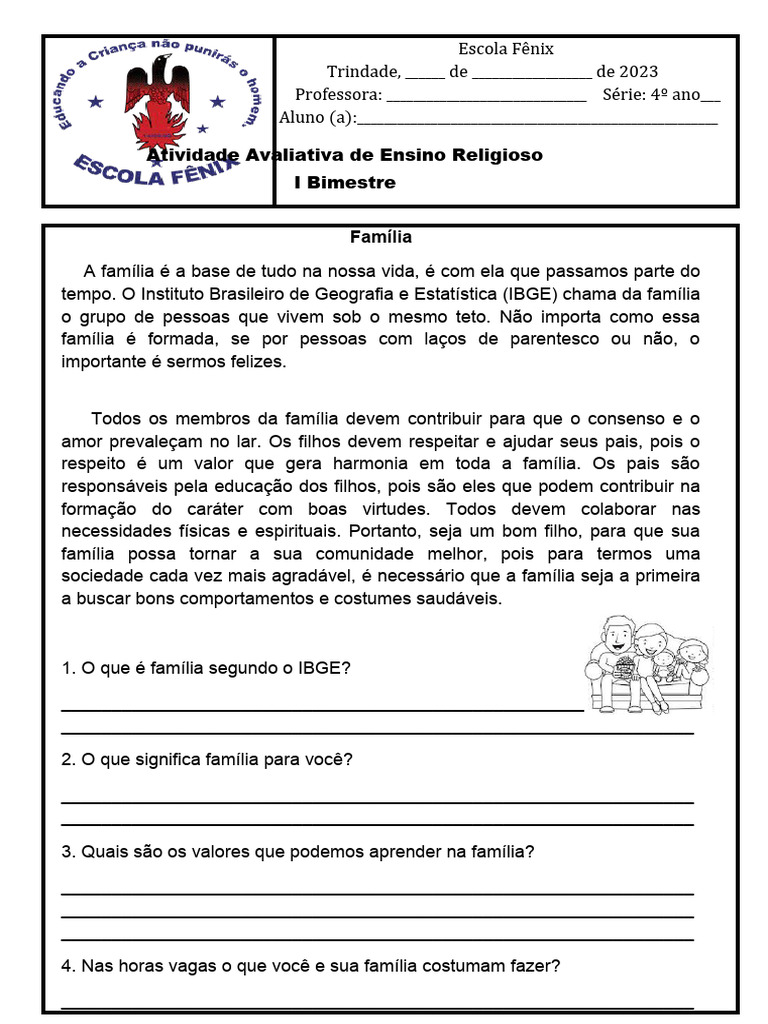 Avaliação de Ensino Religioso. 4º Ano | PDF | Família | Amor