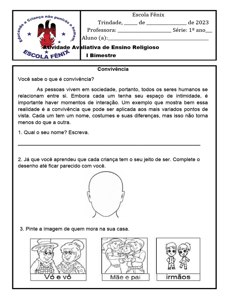 Avaliação de Ensino Religioso. 1º ano | PDF