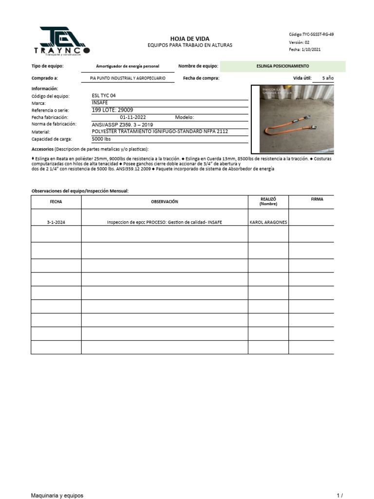 1. Tyc-sgsst-rg-49. Hoja de Vida_equipos de Altura Eslinga y (2) | PDF
