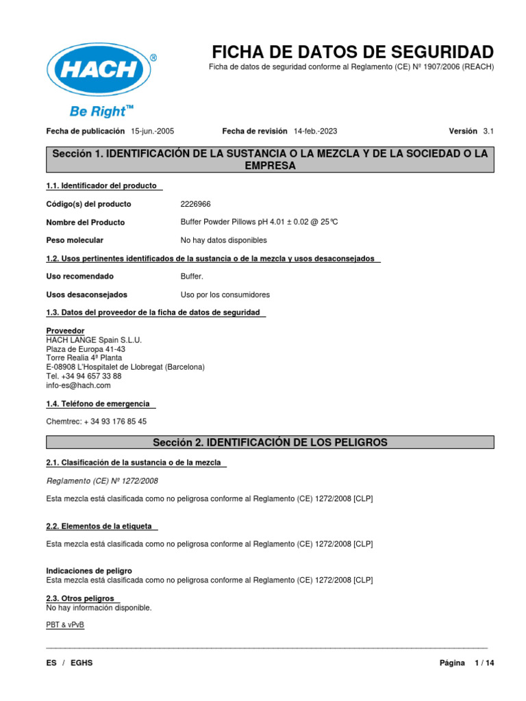 XM XELINC HACH HS Buffer Powder Pillows Español PDF Ciencias fisicas Química