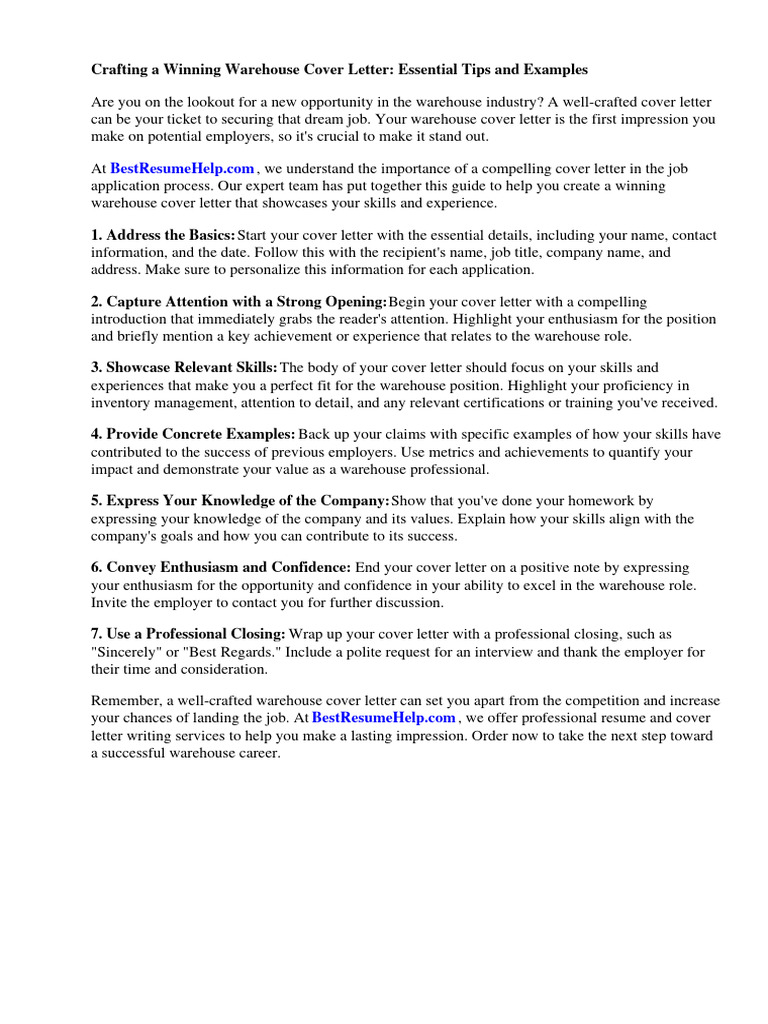 Warehouse Cover Letter Guide & Tips | PDF | Résumé | Warehouse