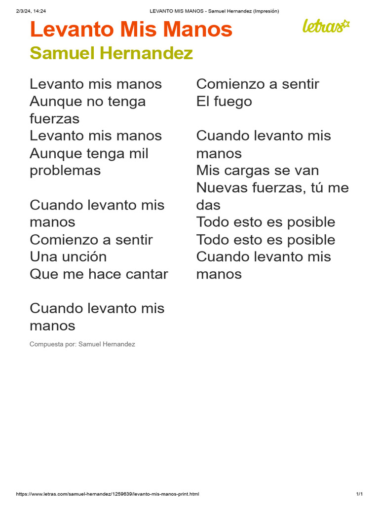 LEVANTO MIS MANOS - Samuel Hernandez (Impresión) | PDF
