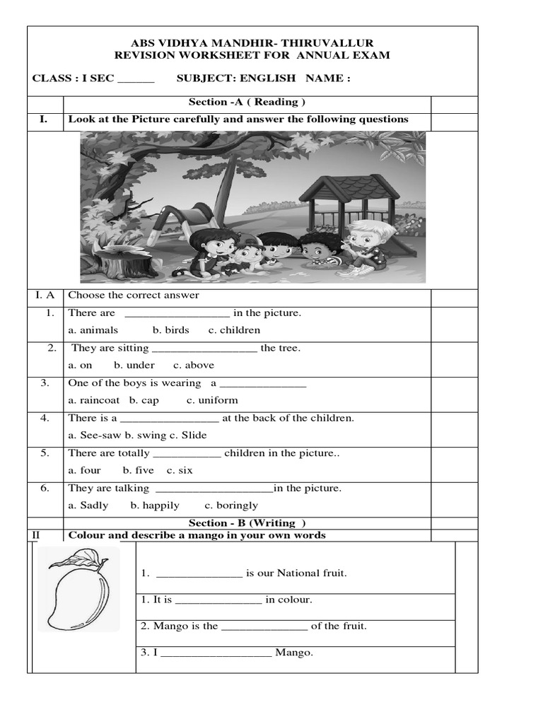 Grade 1 English Revision Worksheet | PDF