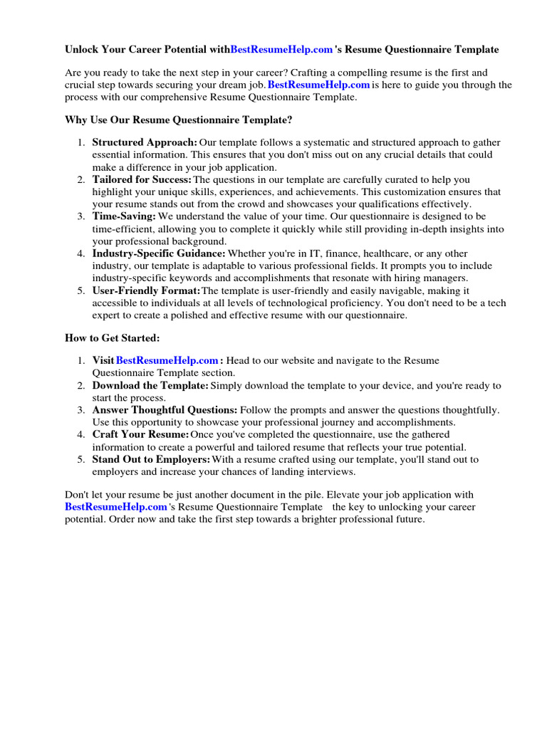 Resume Questionnaire Template PDF