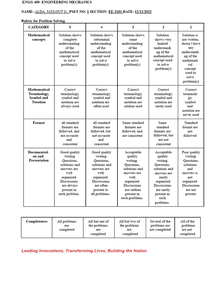 Engineering Mechanics Problem Set Rubric | PDF | Mathematics | Science