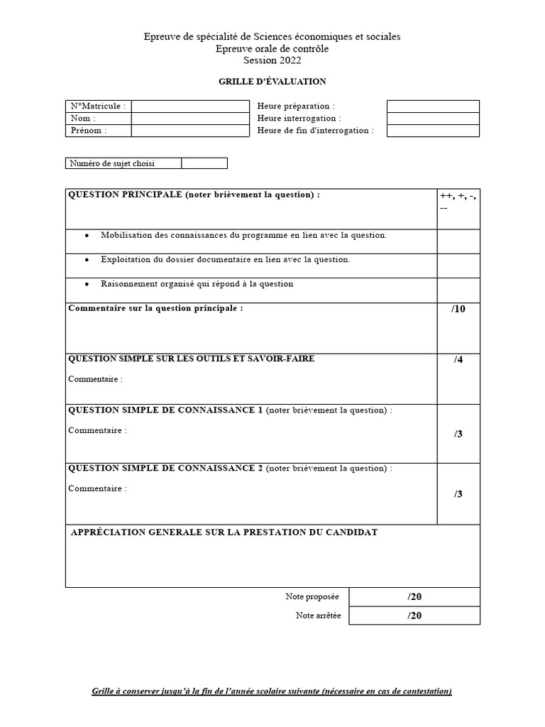 Grille d'évaluation orale EAF SES 2022 | PDF